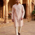 Subtle Elegance | Blush Pink Silk Blend Jacquard Floral Kurta Set | Palkhi Fashion