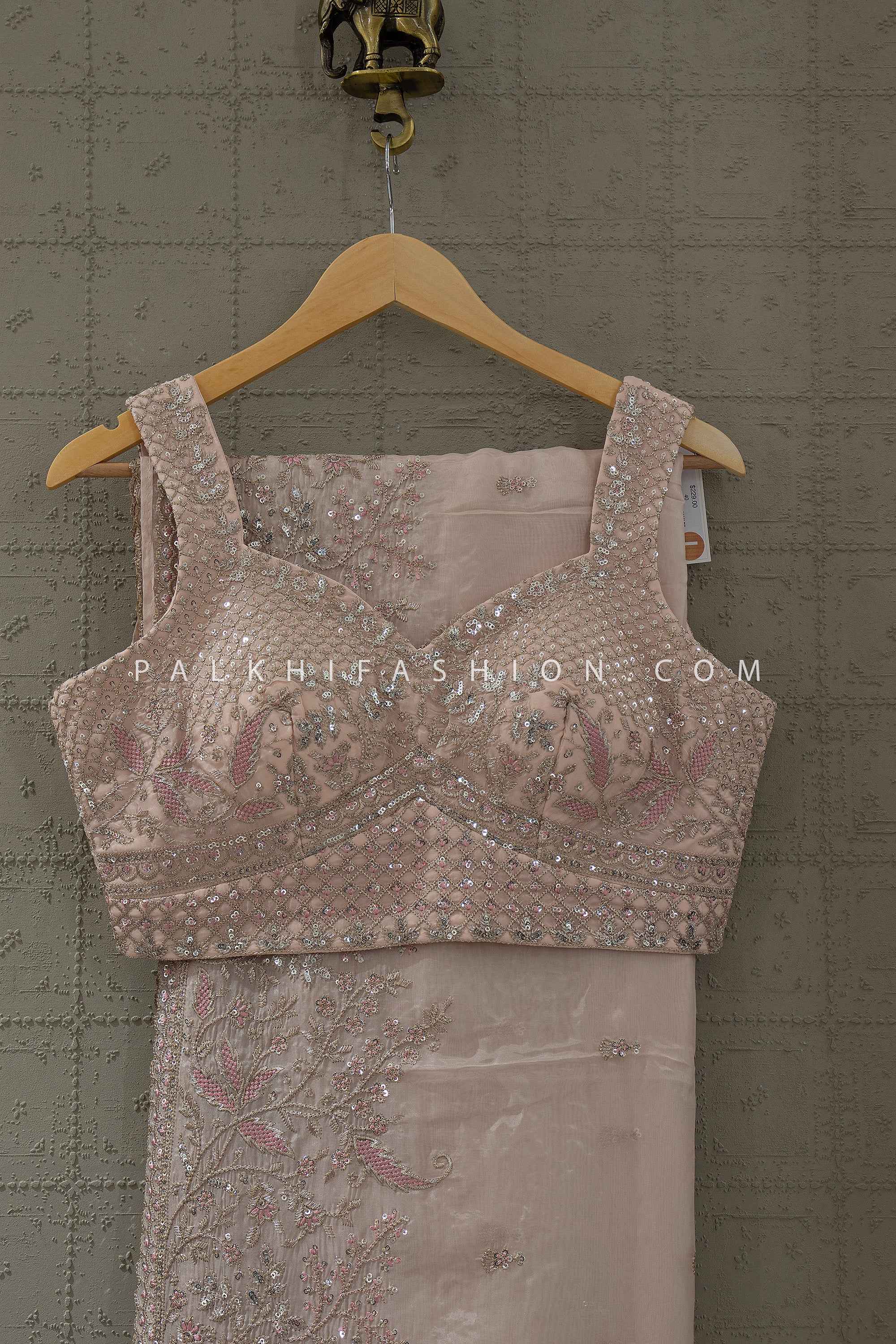 Blush Celeste – Soft Blush Pink Designer Saree with Sequin Floral Hand Embroidery | Palkhi Fashion
