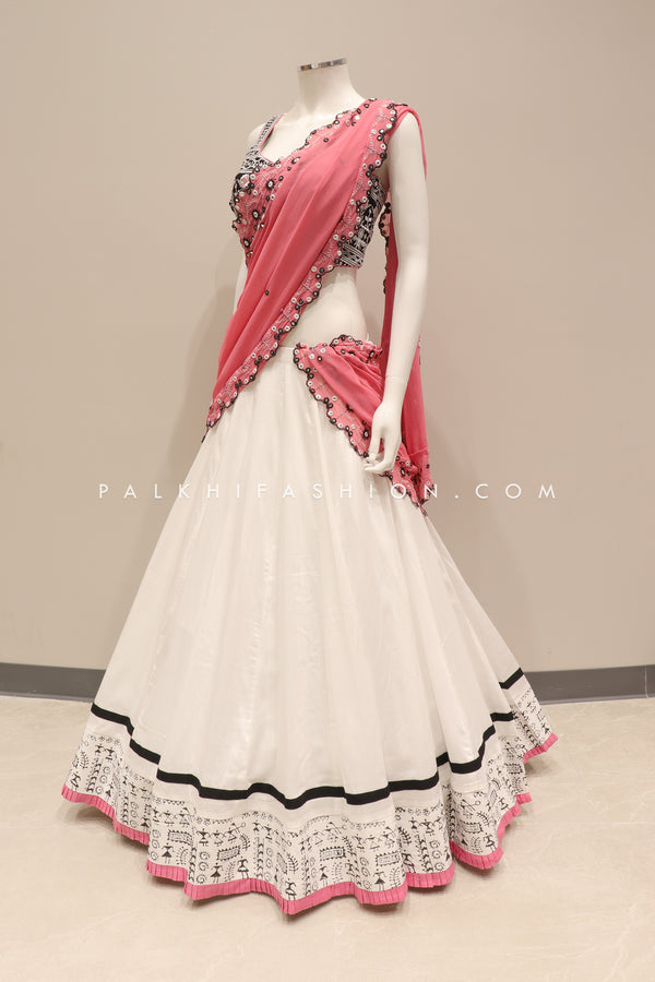 Boho Bliss: White & Pink Designer Chaniya Choli Set