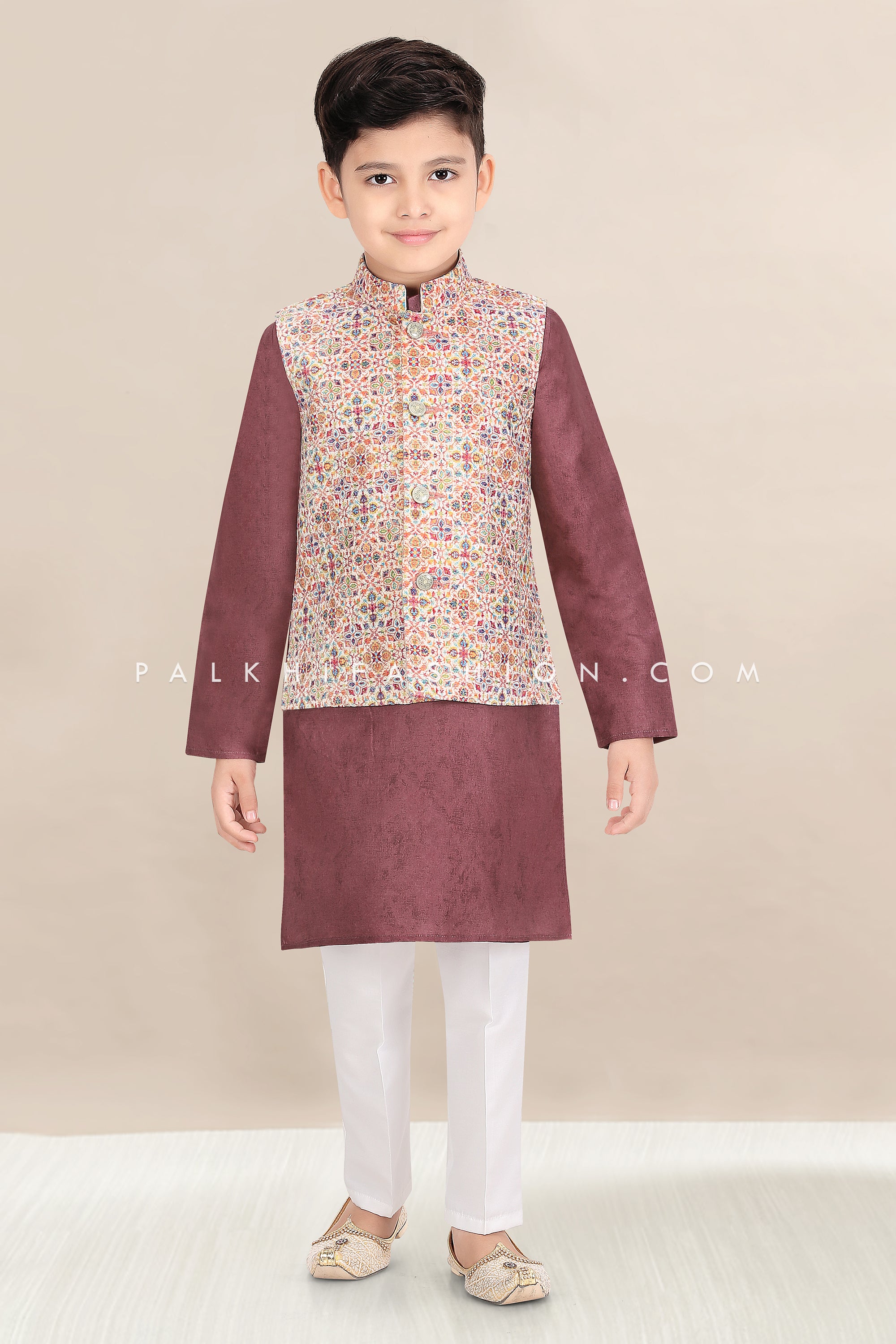Boys Light Wine Jacket Kurta Set with Multi-Color Embroidery – Palkhi Fashion 
