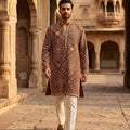 Heritage Elegance | Brown Bandhej Print Mens Kurta Set with Cutdana & Bandhani Print| Palkhi Fashion
