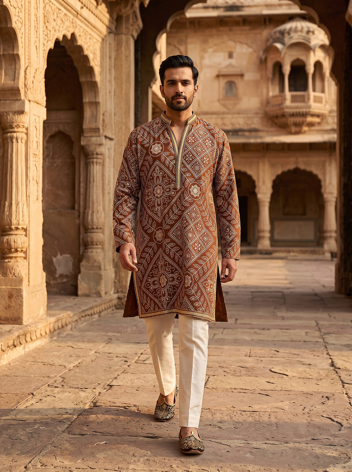 Heritage Elegance | Brown Bandhej Print Mens Kurta Set with Cutdana & Bandhani Print| Palkhi Fashion