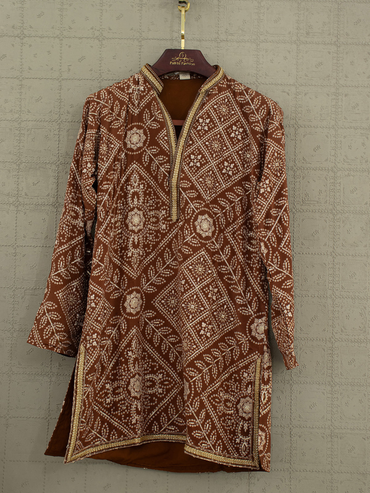 Heritage Elegance | Brown Bandhej Print Mens Kurta Set with Cutdana & Bandhani Print| Palkhi Fashion