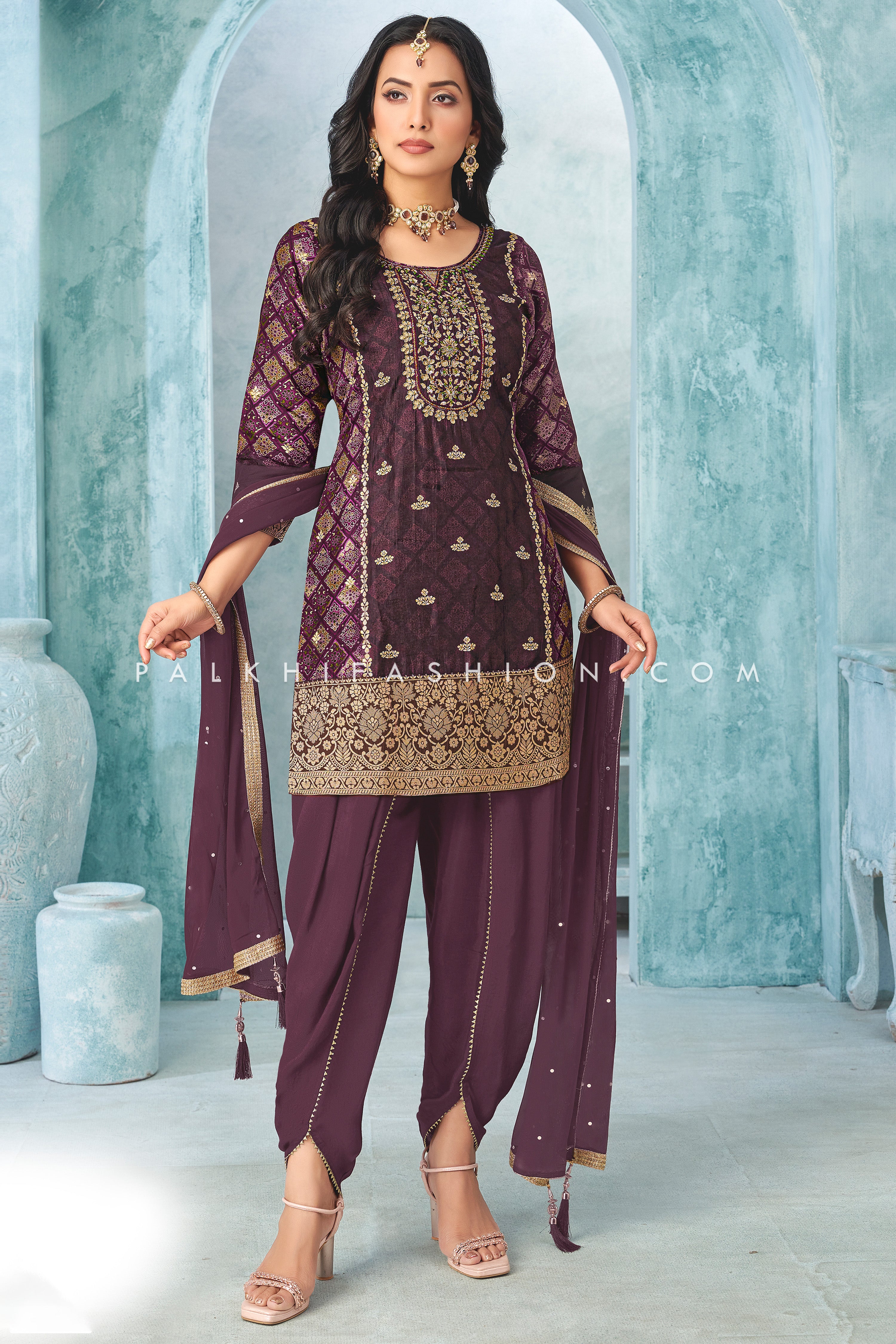 Burgundy Color Palazzo Outfit with Dhoti & Dupatta | Palkhi Fashion