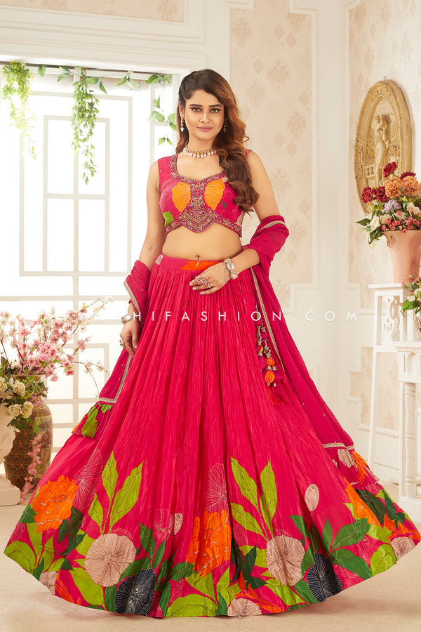 Captivating Deep Pink Lehenga: Floral Elegance Meets Handcrafted Luxury