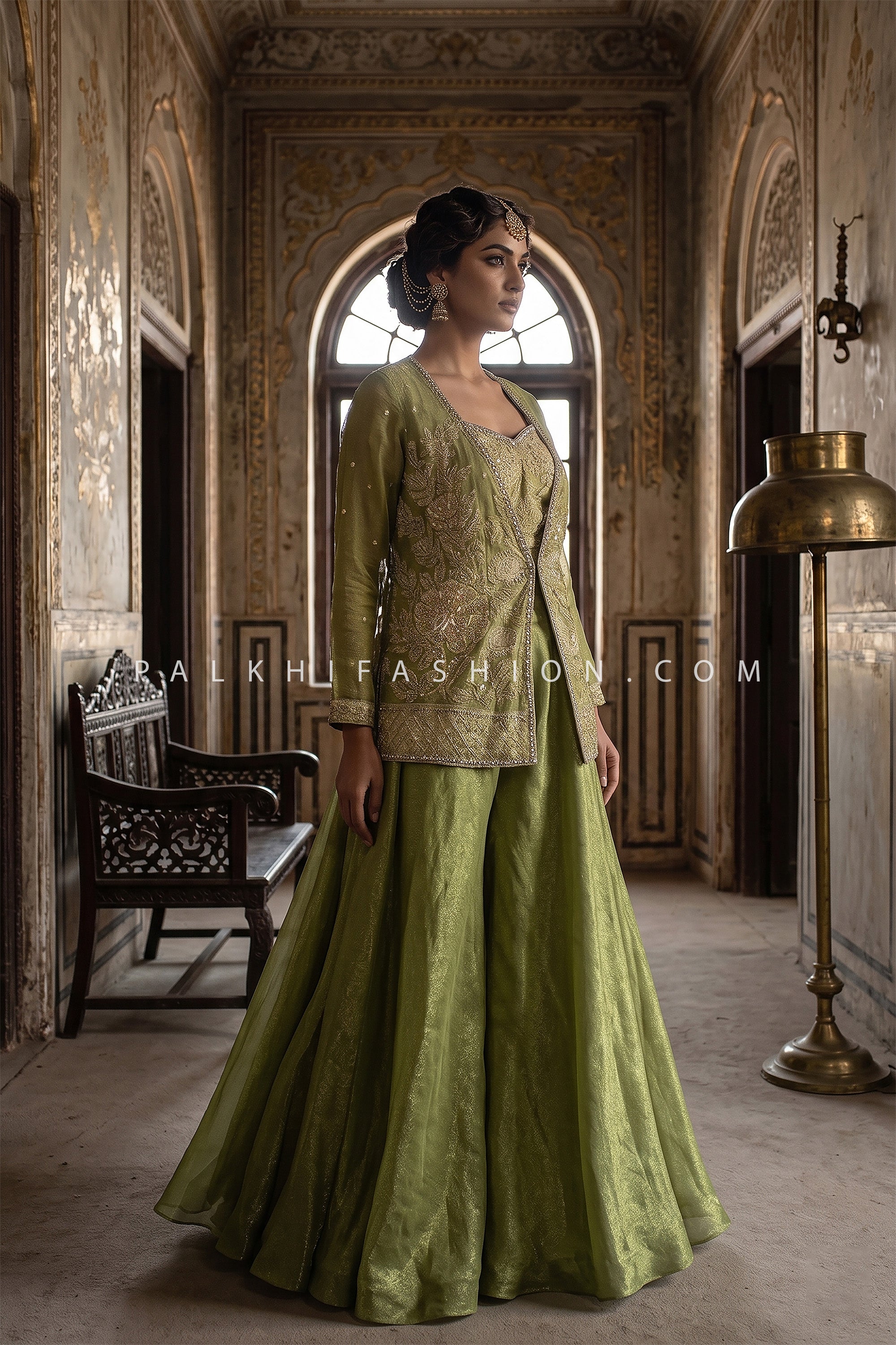 Celadon Grace – Silk Crop Top Palazzo Set with Mirror work Jacket | Palkhi Fashion