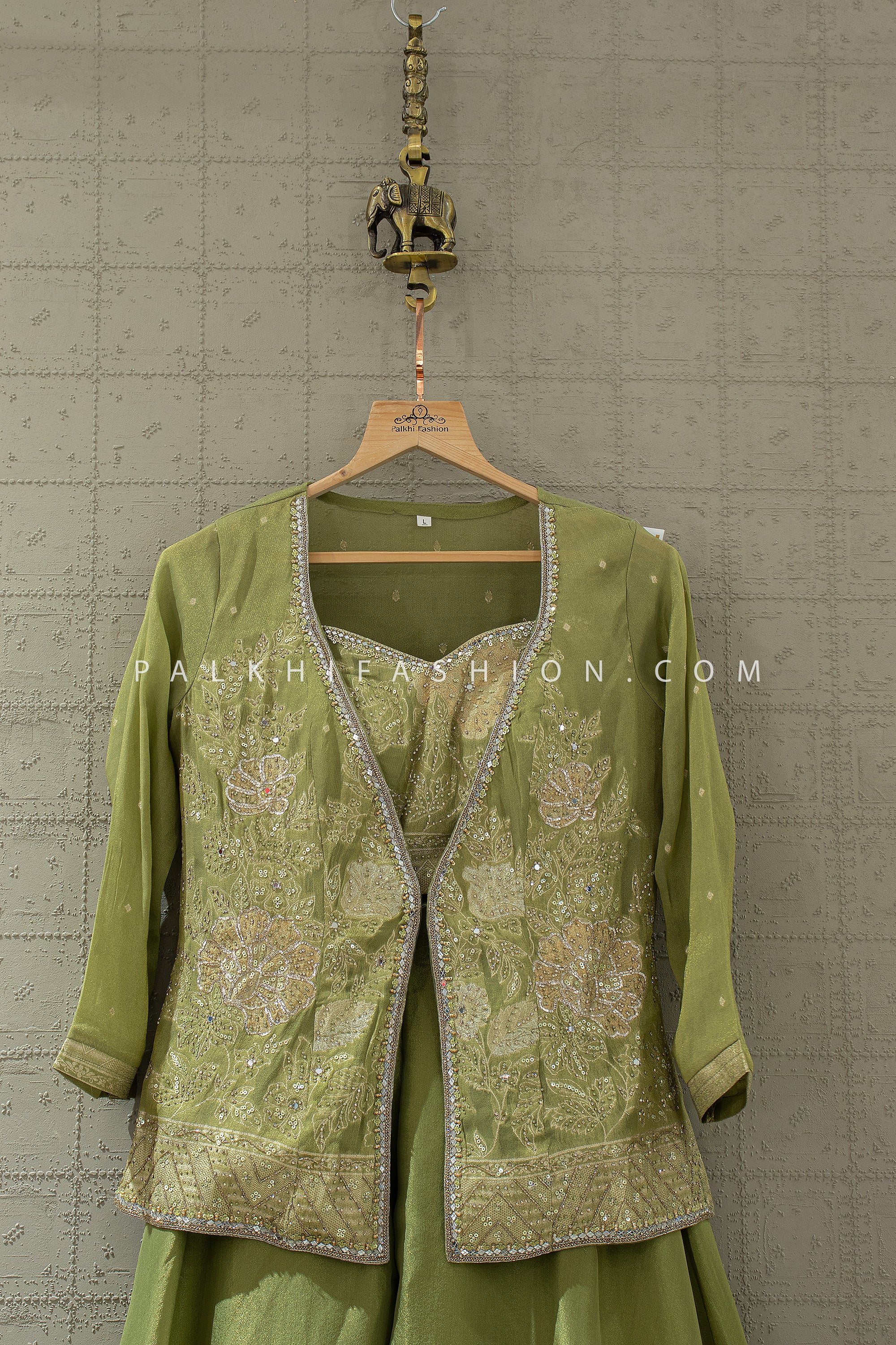 Celadon Grace – Silk Crop Top Palazzo Set with Mirror work Jacket | Palkhi Fashion