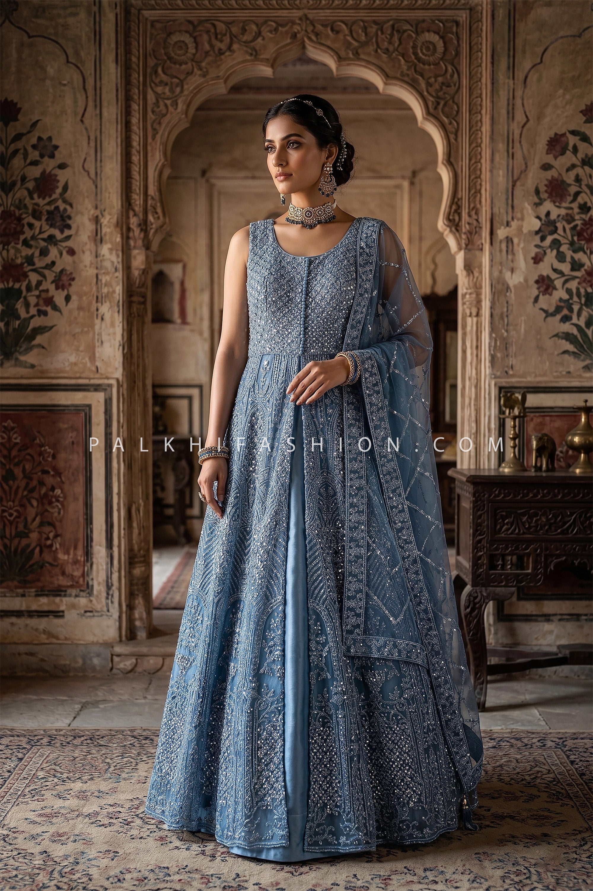 western formal dress for ladies Powder Blue Front Slit Indo-Western Lehenga Choli
