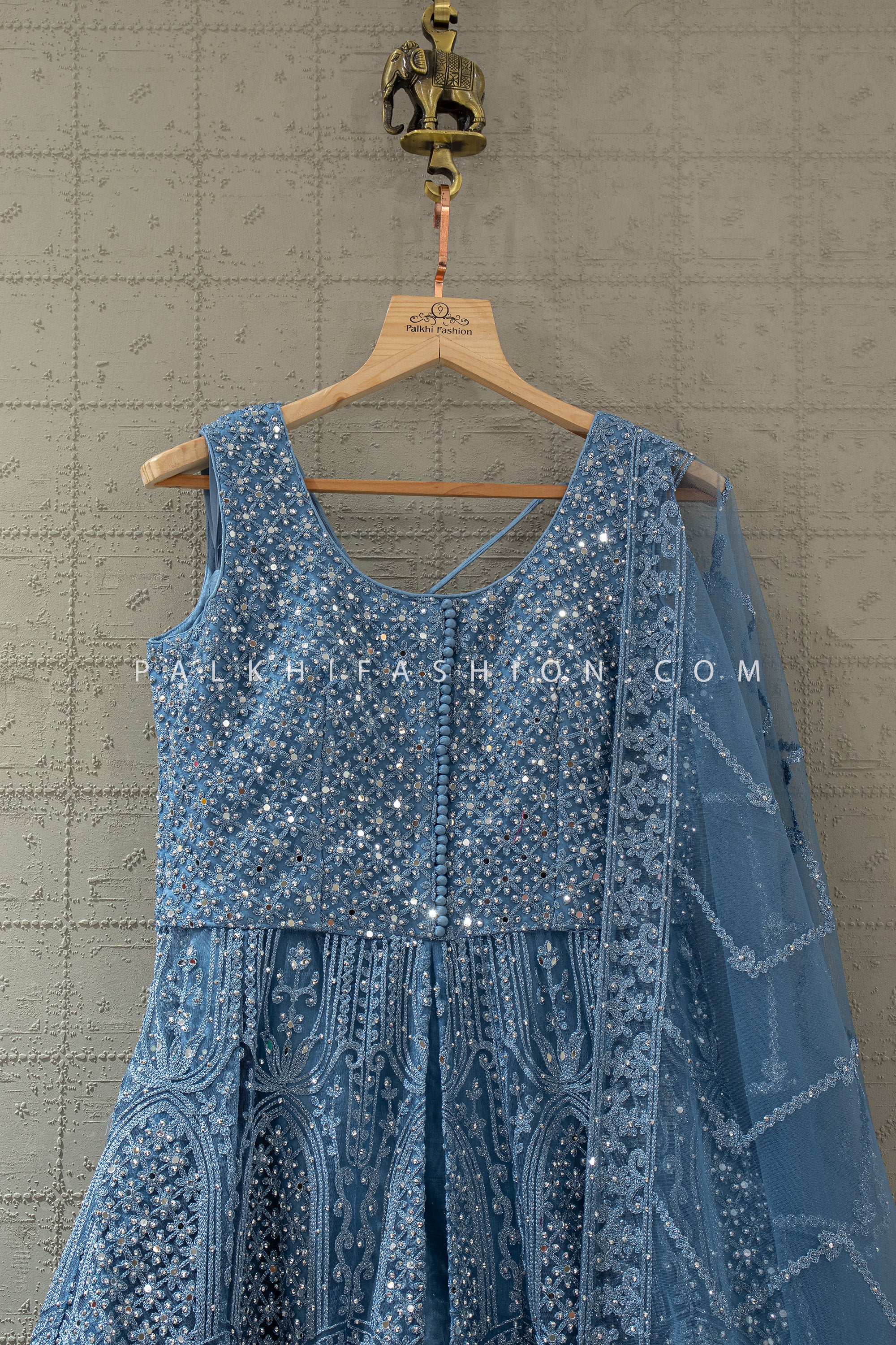 Celestial Frost | Powder Blue Front Slit Indo-Western Lehenga Choli | Palkhi Fashion