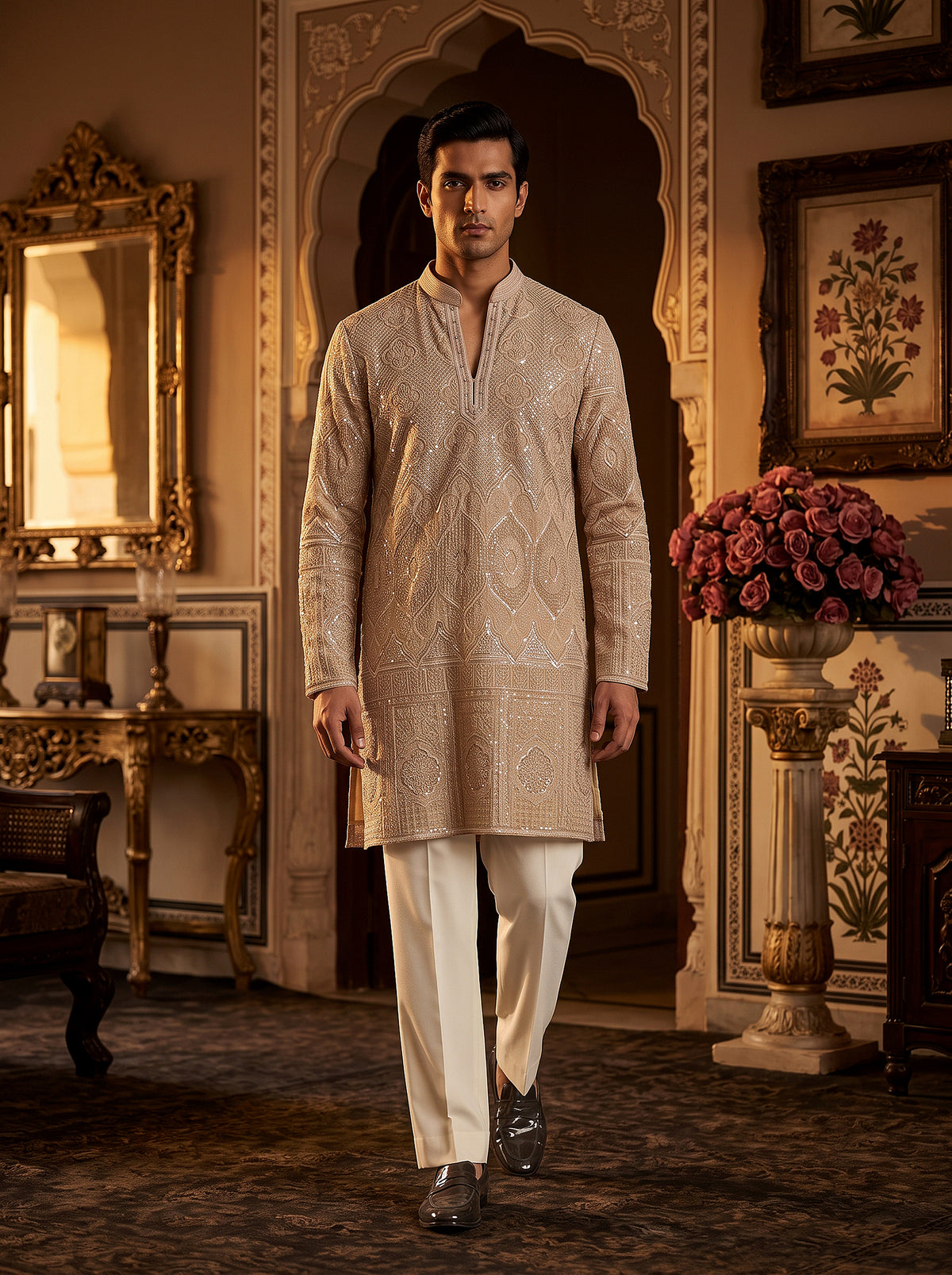 Regal Radiance | Designer Champagne Georgette Mens Kurta Handwork | Palkhi Fashion