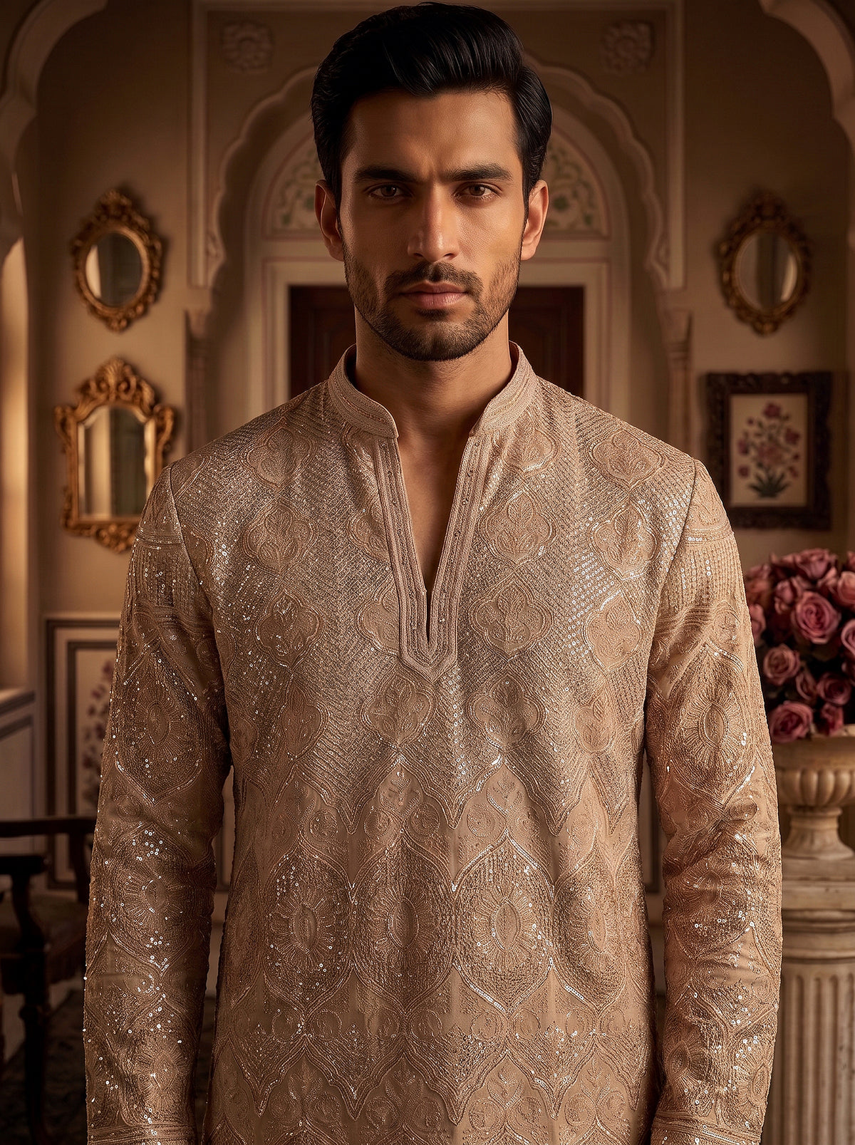 Regal Radiance | Designer Champagne Georgette Mens Kurta Handwork | Palkhi Fashion