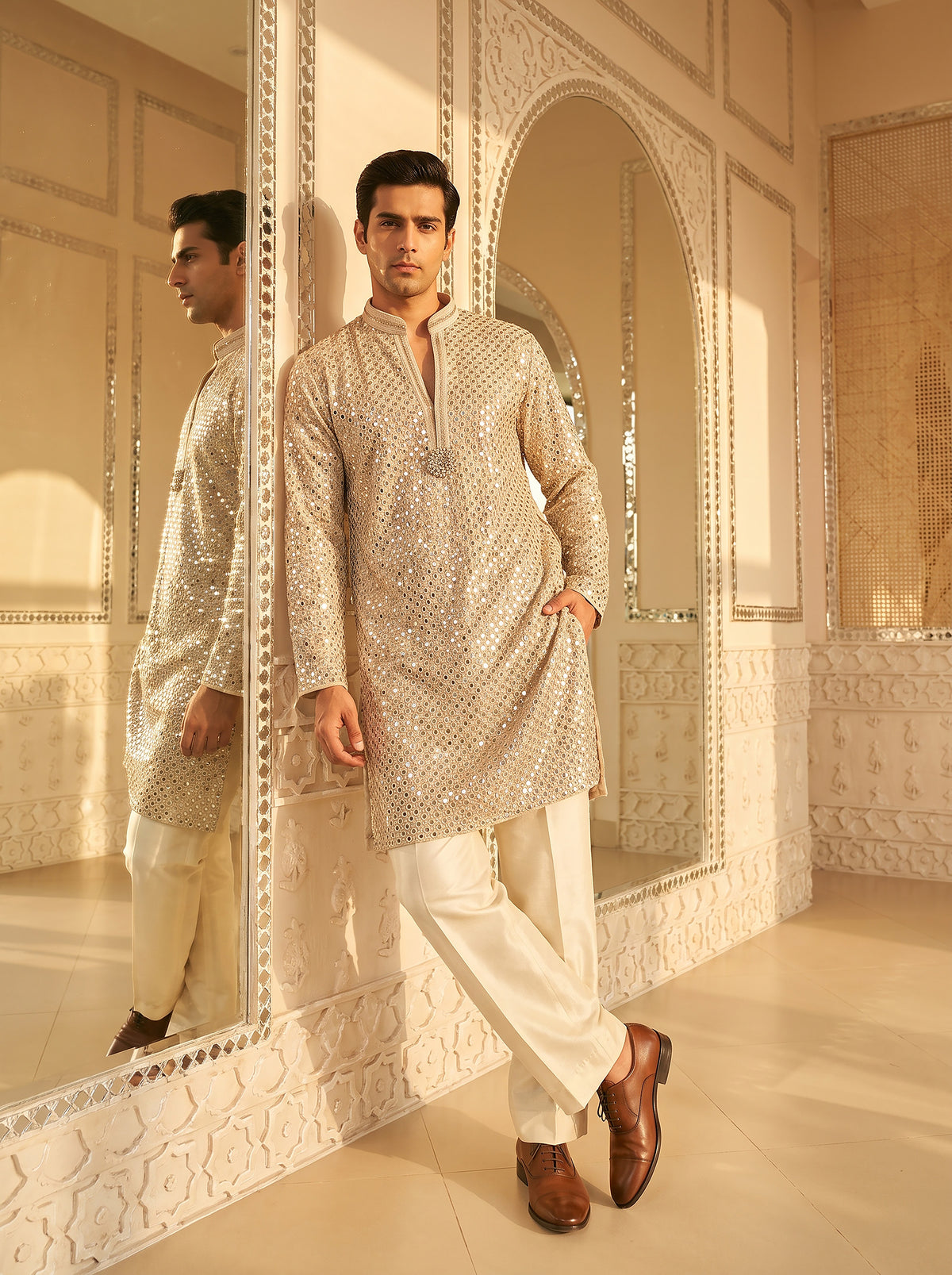 Luminous Grandeur | Champagne Georgette Foil Mirror Kurta Set | Palkhi Fashion