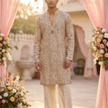 Golden Grandeur | Champagne Georgette Foil Mirror Work Kurta Set with Korean Pants | Palkhi Fashion