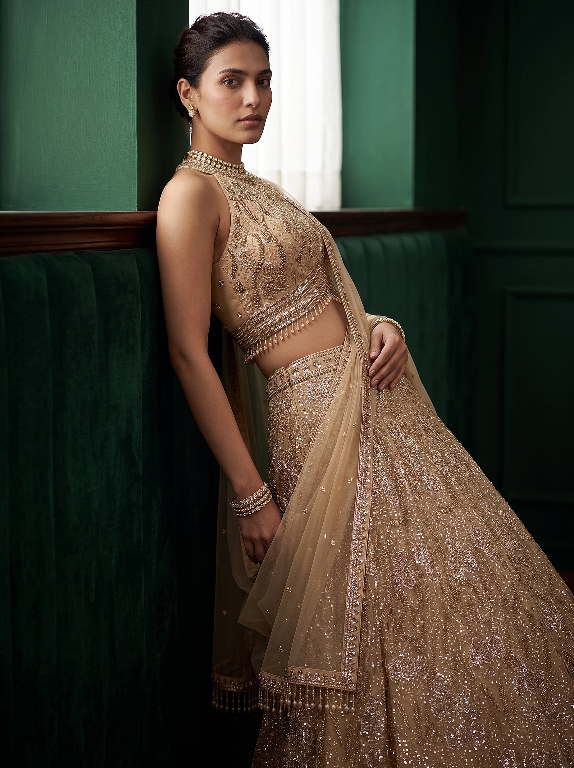 Champagne Elegance | Gold Cutdana & Sequin Net Lehenga Choli | Palkhi Fashion