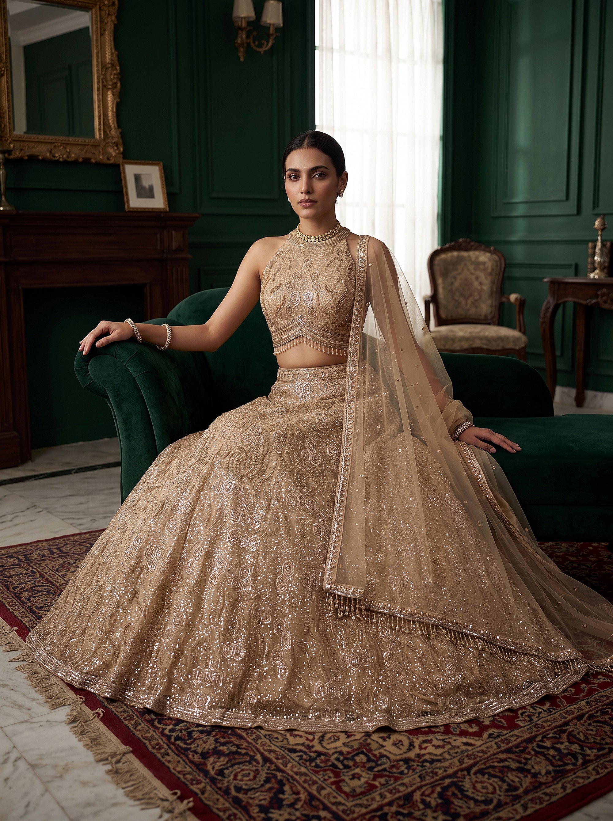 Champagne Elegance | Gold Cutdana & Sequin Net Lehenga Choli | Palkhi Fashion