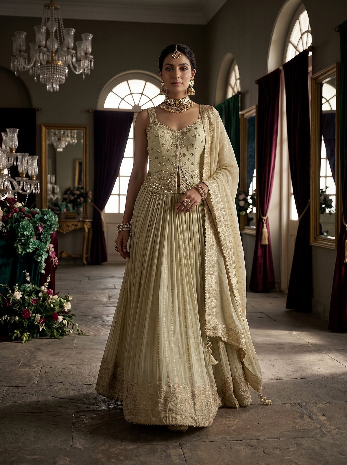 Radiant Aura | Champagne Gold Banarasi Silk Lehenga Choli with Handwork Blouse | Palkhi Fashion