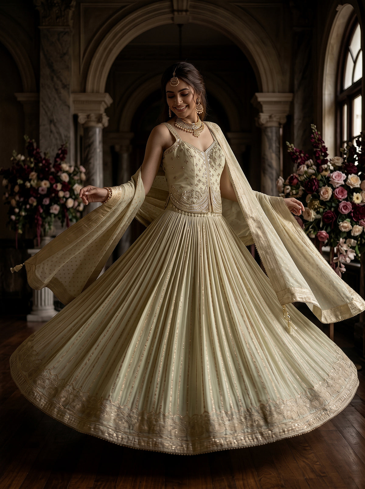 Radiant Aura | Champagne Gold Banarasi Silk Lehenga Choli with Handwork Blouse | Palkhi Fashion
