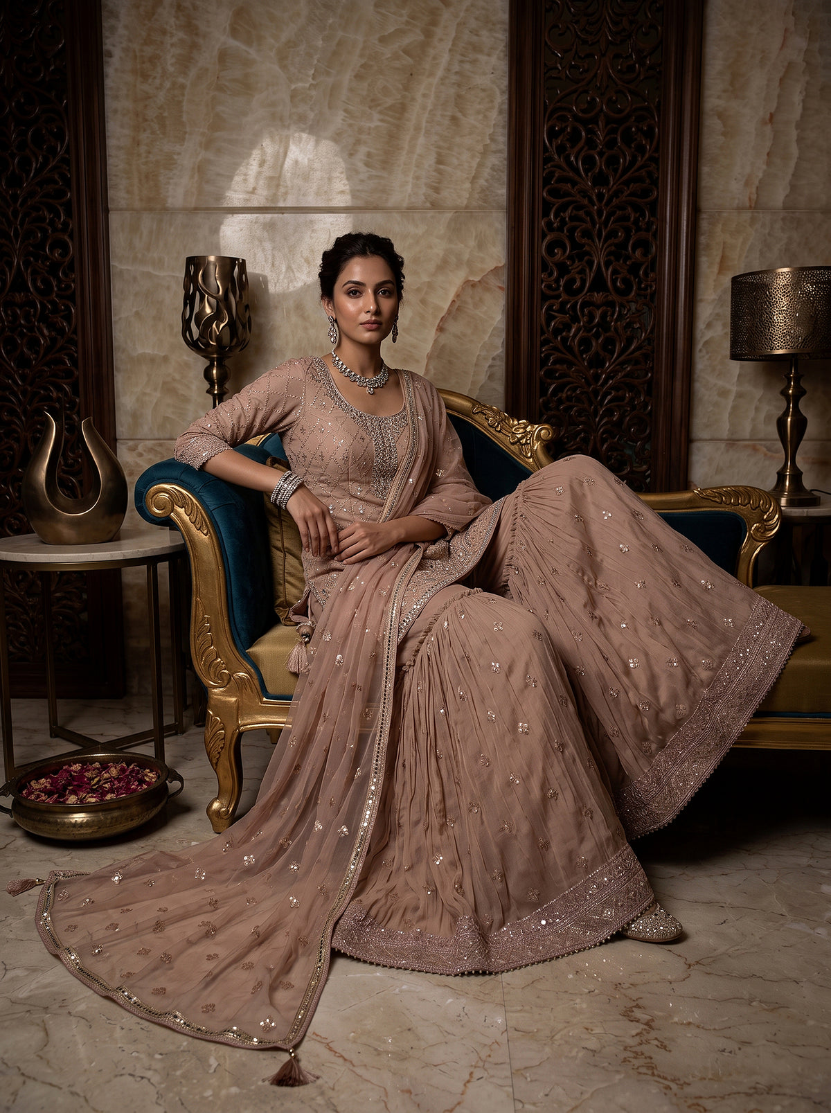 Blush Radiance | Champagne Soft Silk Sharara Set with Mirror Work & Cutdana | Palkhi Fashion