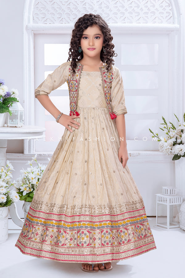 Champagne Pure Silk Gown with Jacket & Multi-Color Embroidery – Palkhi Fashion