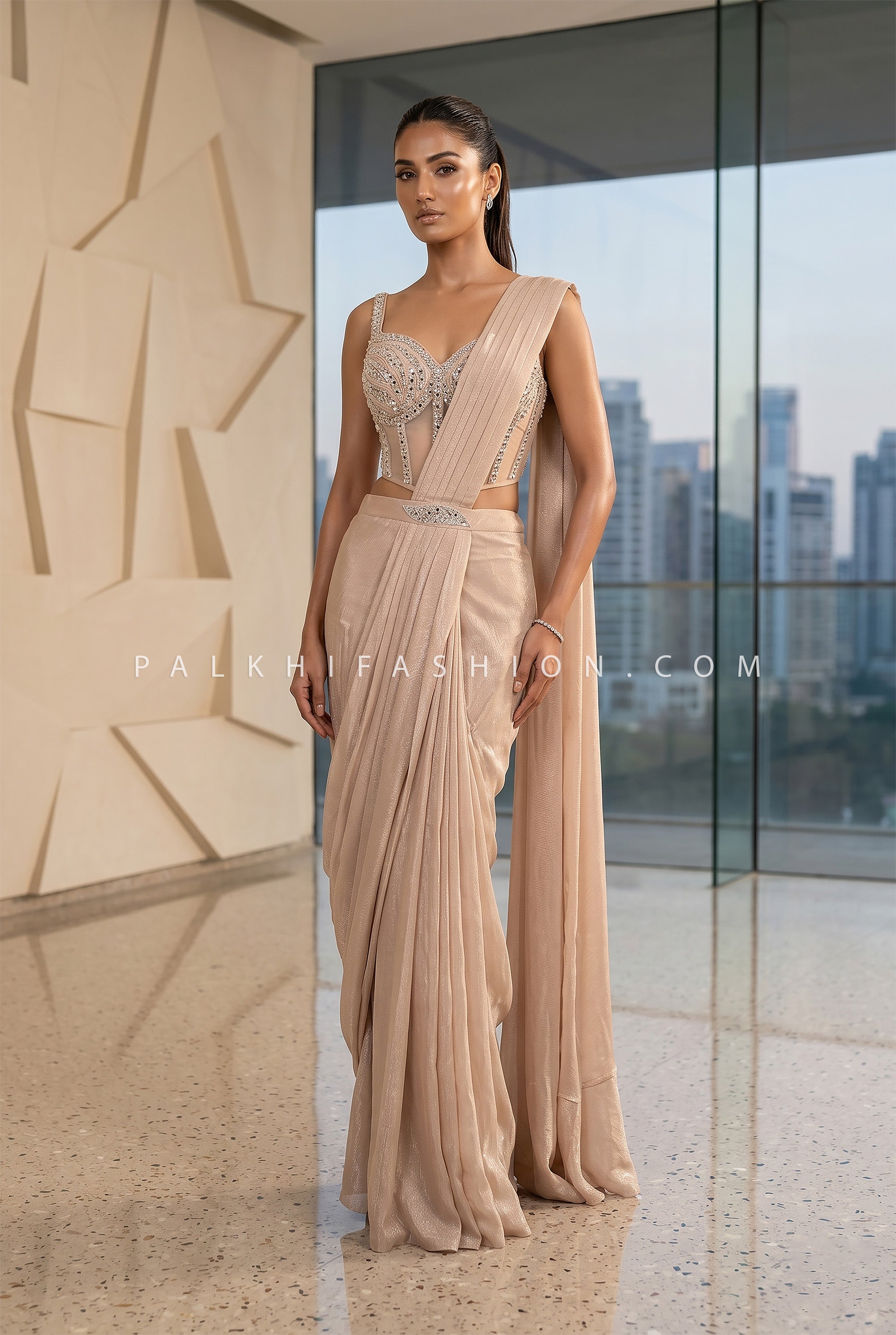 Champagne Radiance – Designer Pre Draped Saree with Couture Crystal Blouse | Palkhi Fashion