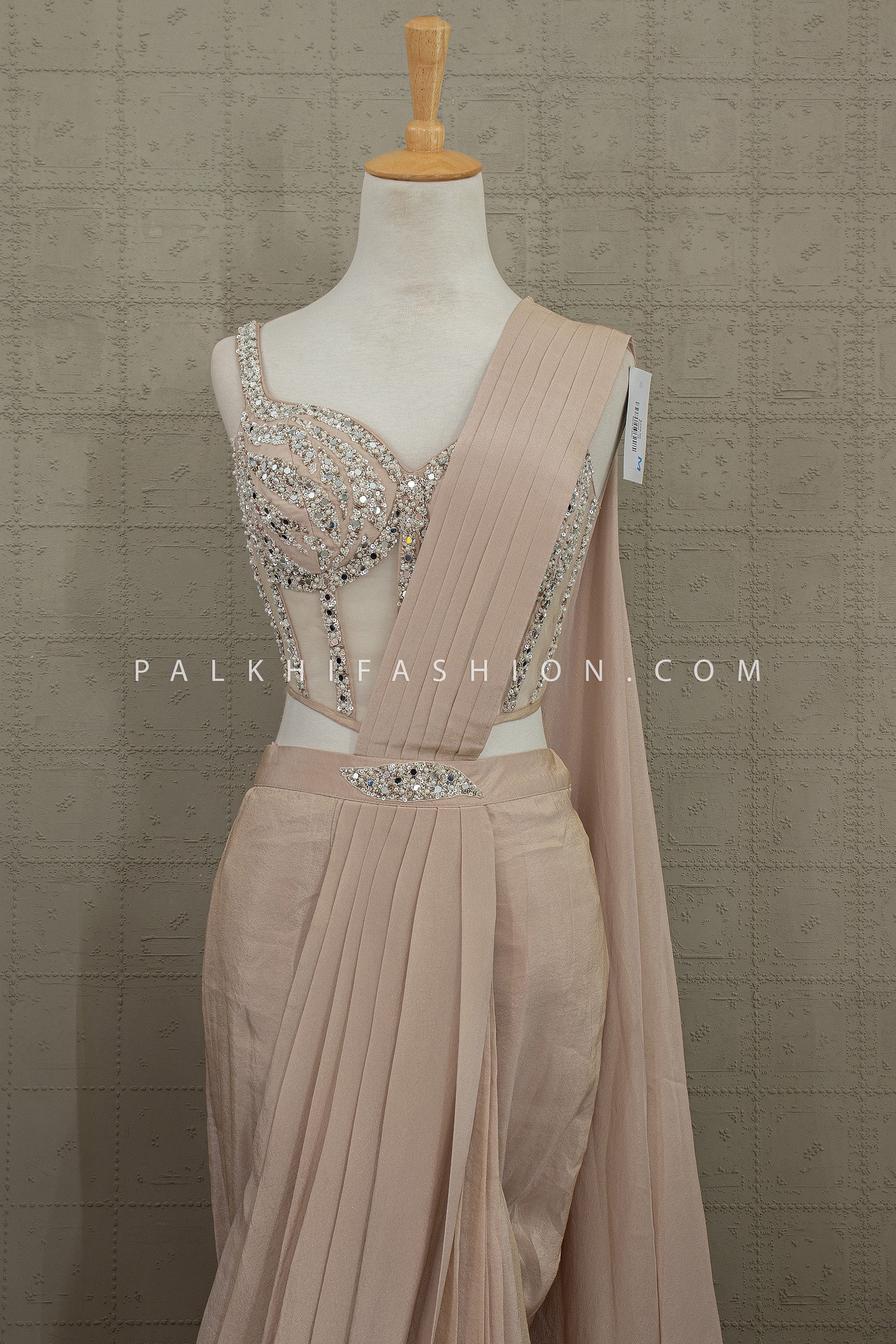 Champagne Radiance – Designer Pre Draped Saree with Couture Crystal Blouse | Palkhi Fashion