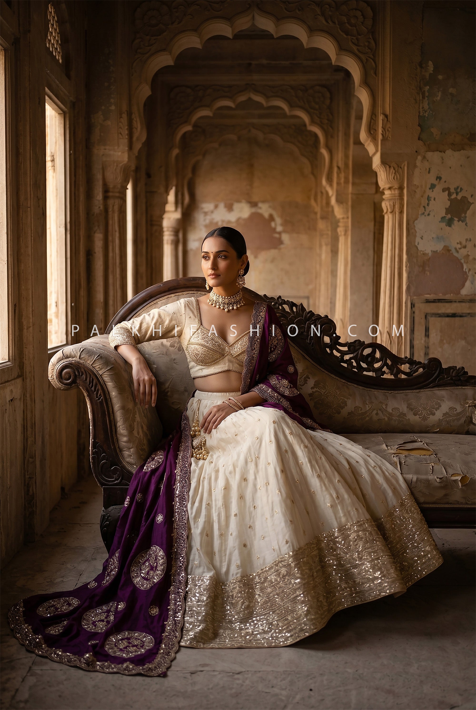 Champagne Silk Lehenga with Appealing Wine Embroidered Dupatta | Palkhi Fashion