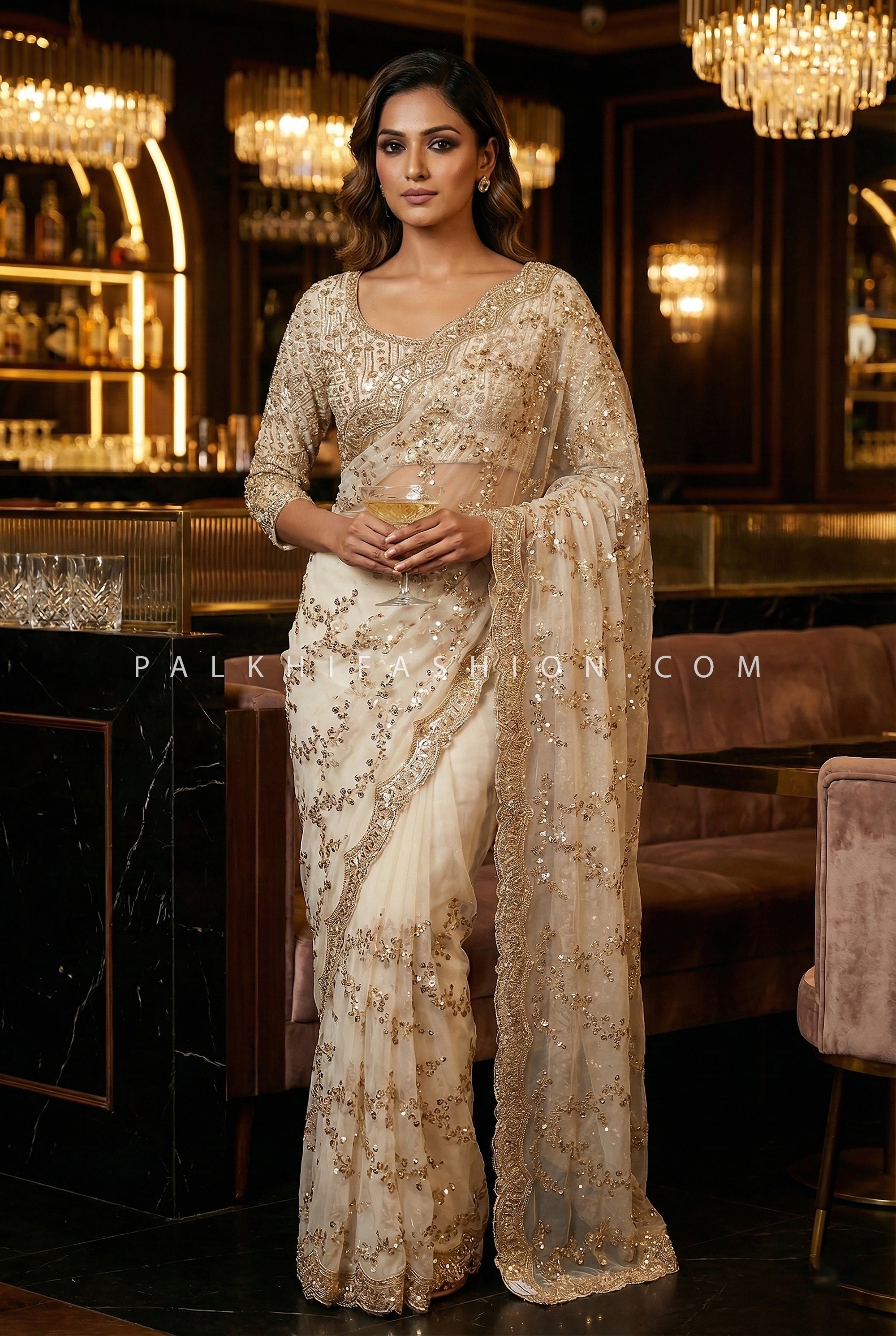Champagne Stardust Allure – Heavy Sequin Saree with Designer Blouse – Palkhi Fashion
