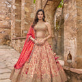 Floral Majesty | Champagne & Coral Silk Floral Lehenga with Cutdana & Bead Work | Palkhi Fashion