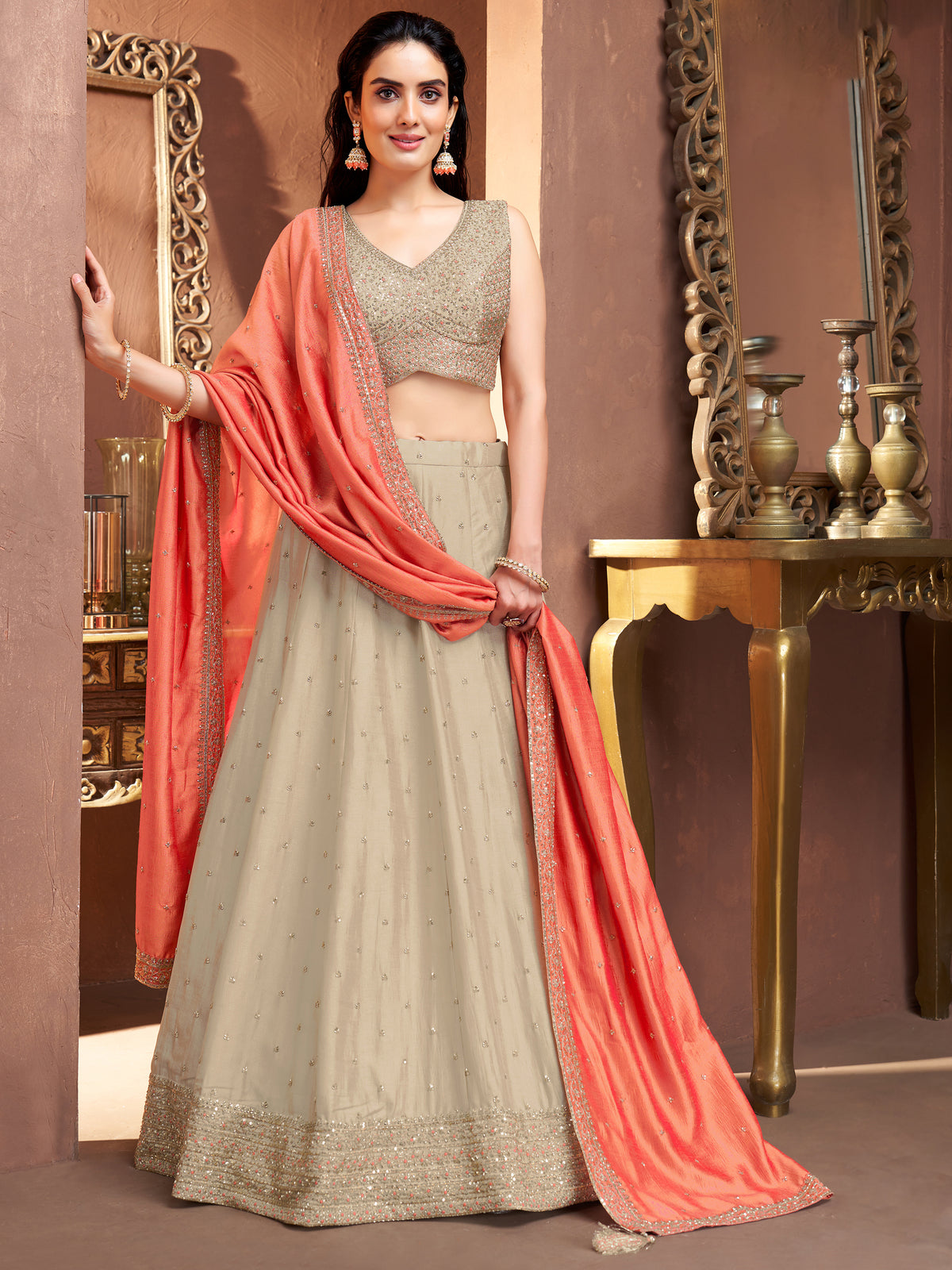 Gilded Sunset | Champagne Gold & Coral Peach Art Silk Lehenga Choli with Cutdana Work | Palkhi Fashion