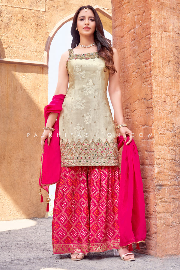 Champagne & Pink Palazzo Outfit with Bandhani & Handwork – Palkhi Fashion