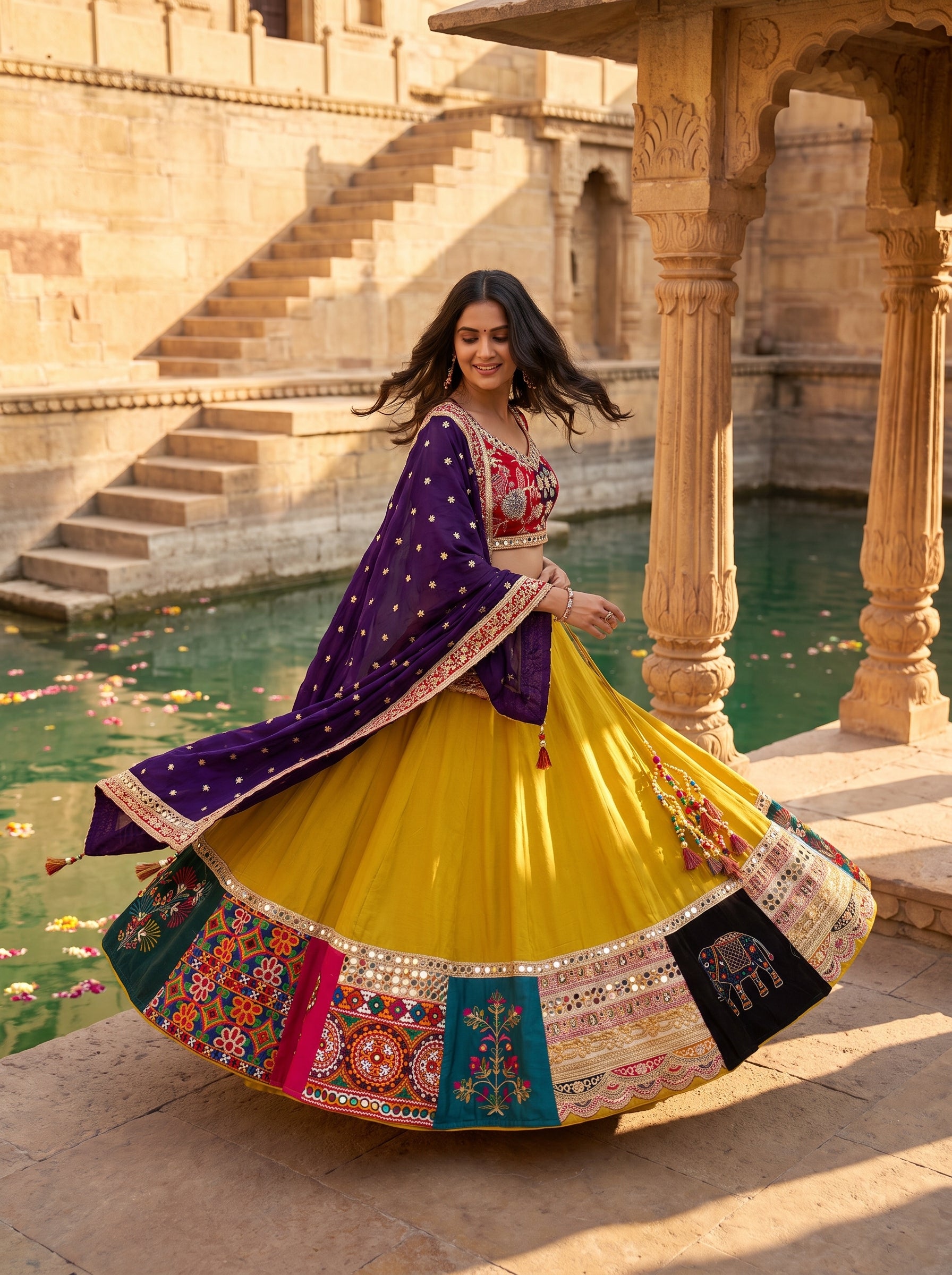 Mustard Patchwork Navratri Chaniya Choli Mirror Work | Palkhi Fashion