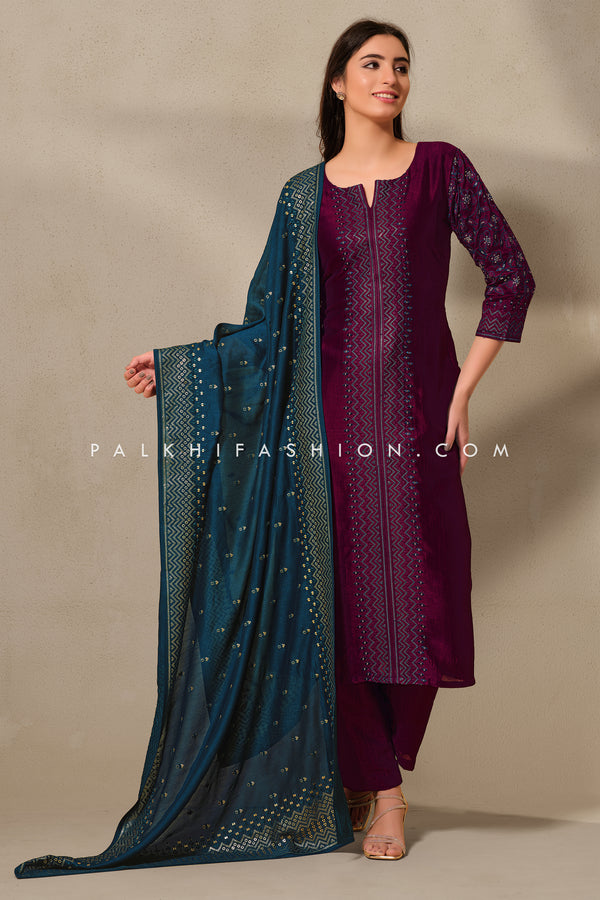 Classic Elegance: Wine and Petrol Blue Silk Ensemble