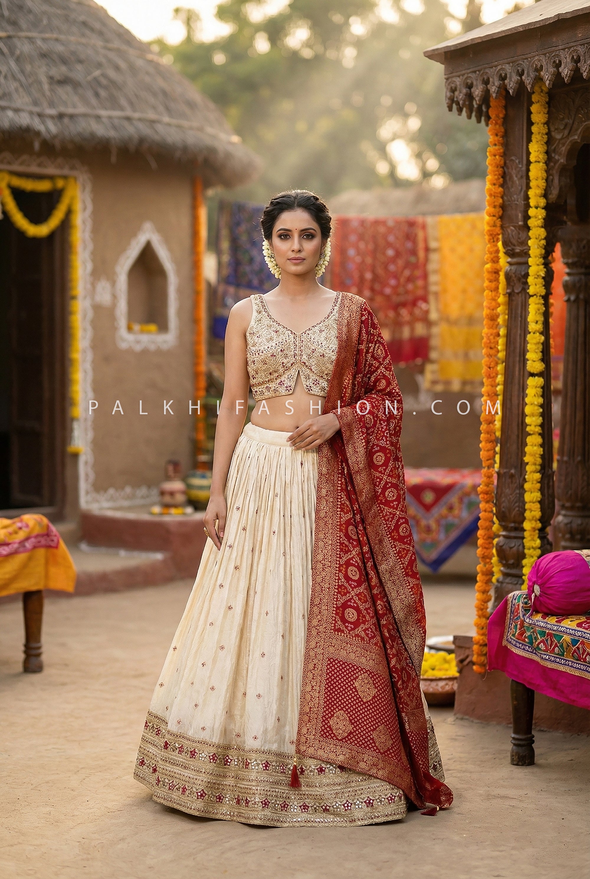 Classic Ivory Lehenga Choli with Maroon Banarasi Bandhani Dupatta | Palkhi Fashion Houston