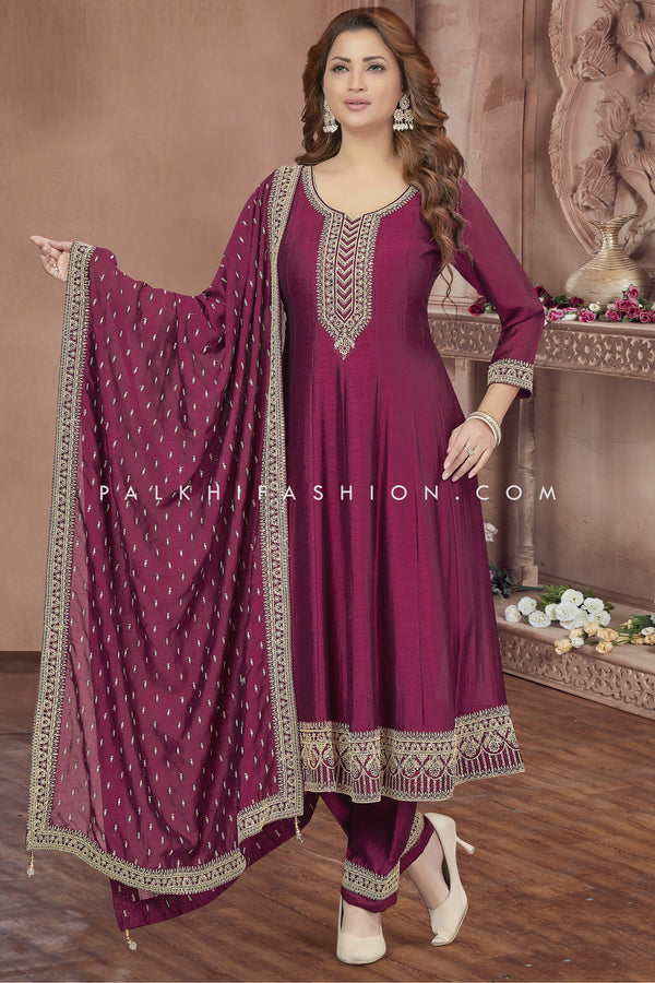 Classic Soft Silk Anarkali Suit In Wine Color
