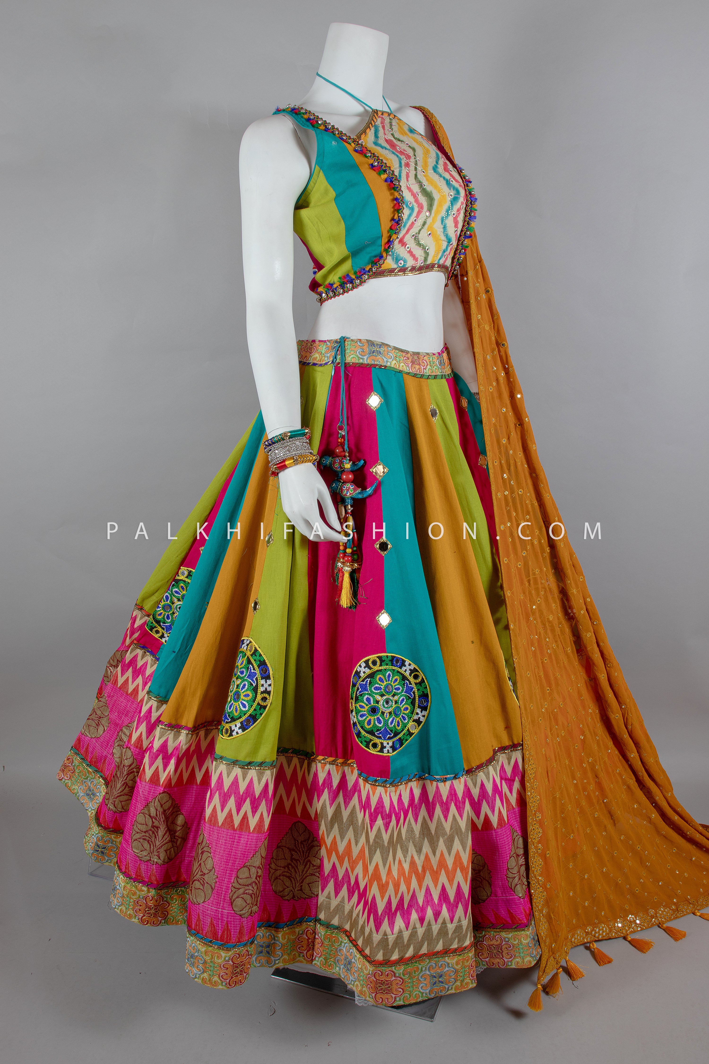 Color Crush: Vibrant Designer Chaniya Choli with Jacket & Halter Blouse – Palkhi Fashion