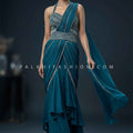 Contemporary Royal Flow – Teal Pre-Draped Indo Western Gown with Handwork – Palkhi Fashion