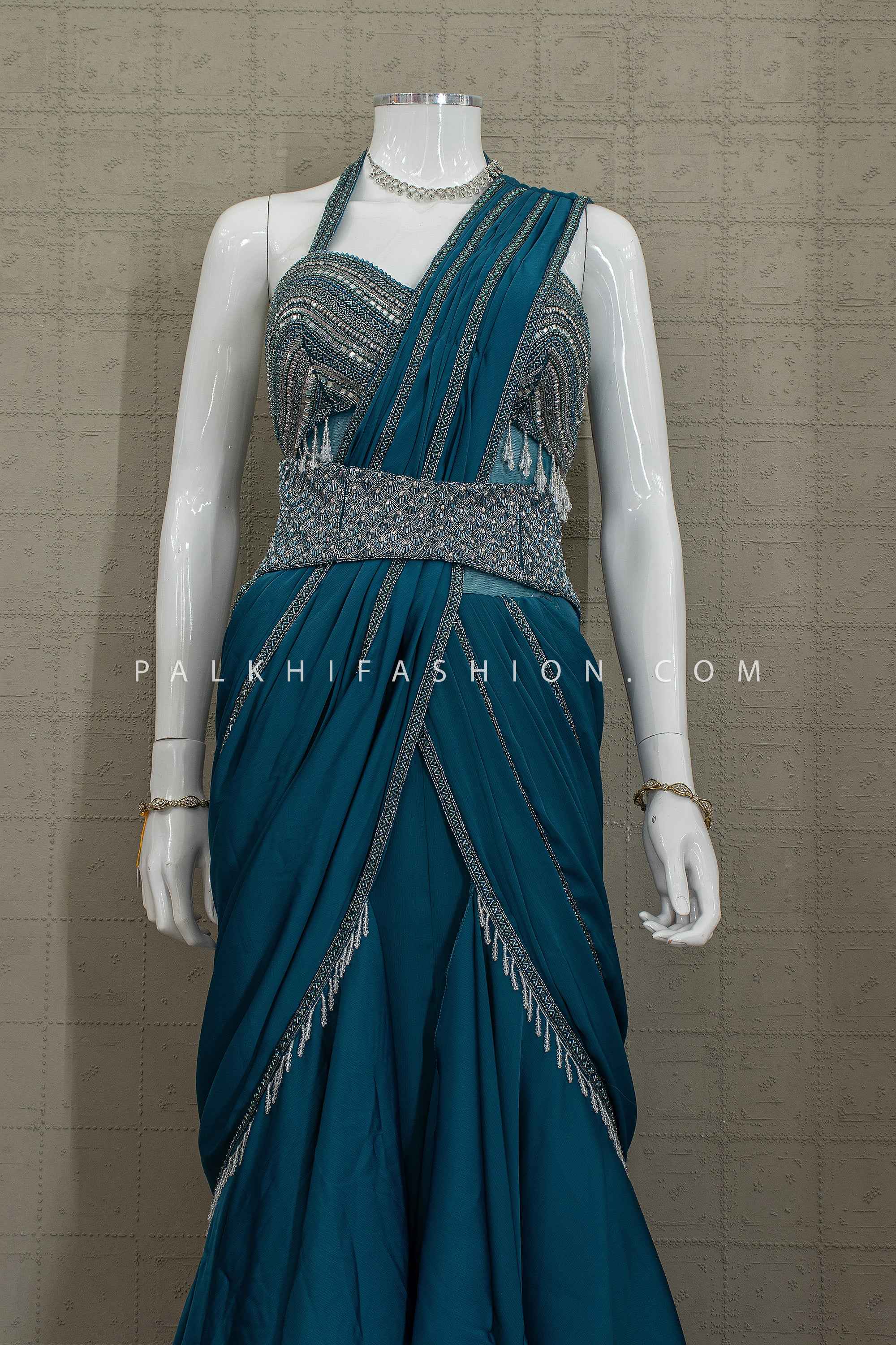 Contemporary Royal Flow – Teal Pre-Draped Indo Western Gown with Handwork – Palkhi Fashion