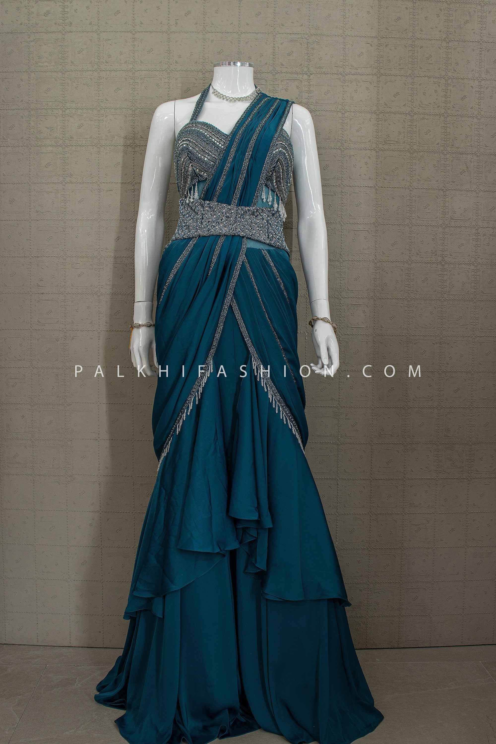 Contemporary Royal Flow – Teal Pre-Draped Indo Western Gown with Handwork – Palkhi Fashion