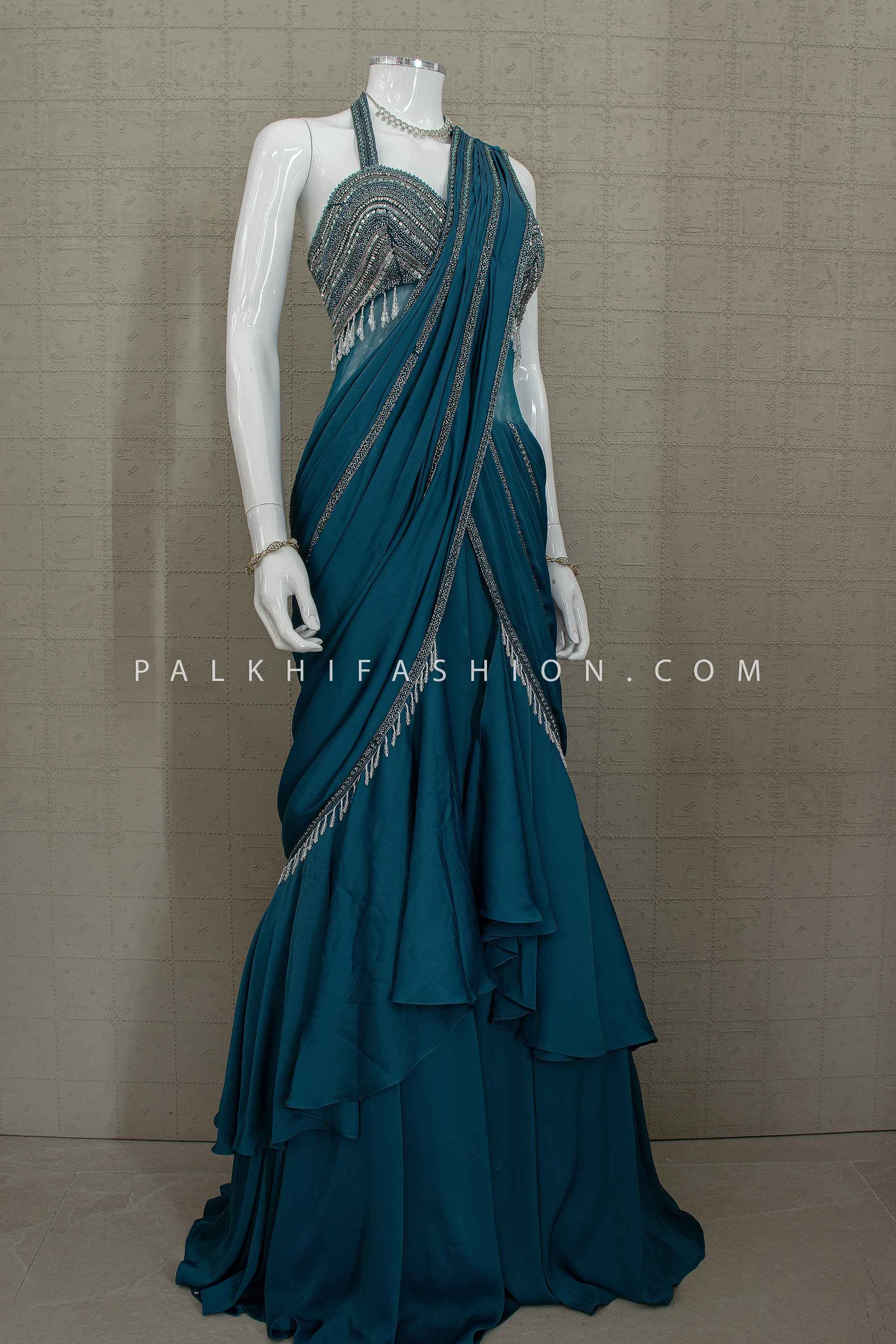 Contemporary Royal Flow – Teal Pre-Draped Indo Western Gown with Handwork – Palkhi Fashion