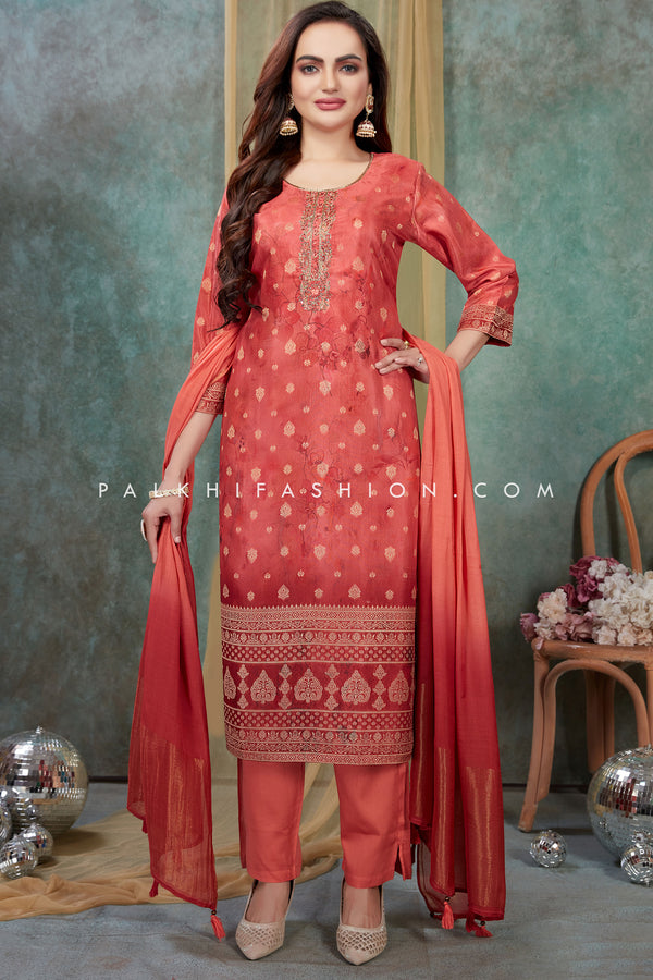 Coral Silk Straight-Cut Suit with Intricate Work