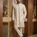 Regal Elegance | Cream Silk Blend Mens Kurta with Resham Embroidery | Palkhi Fashion