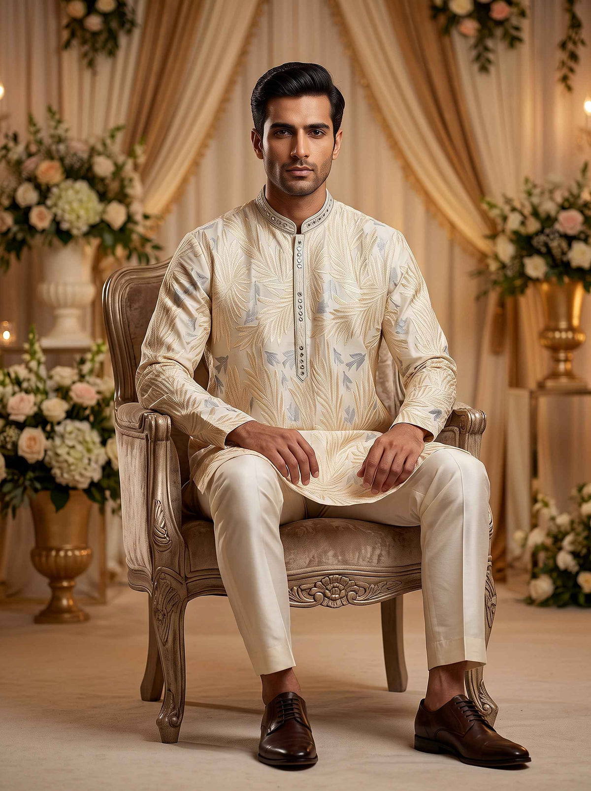 Regal Elegance | Cream Silk Blend Mens Kurta with Resham Embroidery | Palkhi Fashion