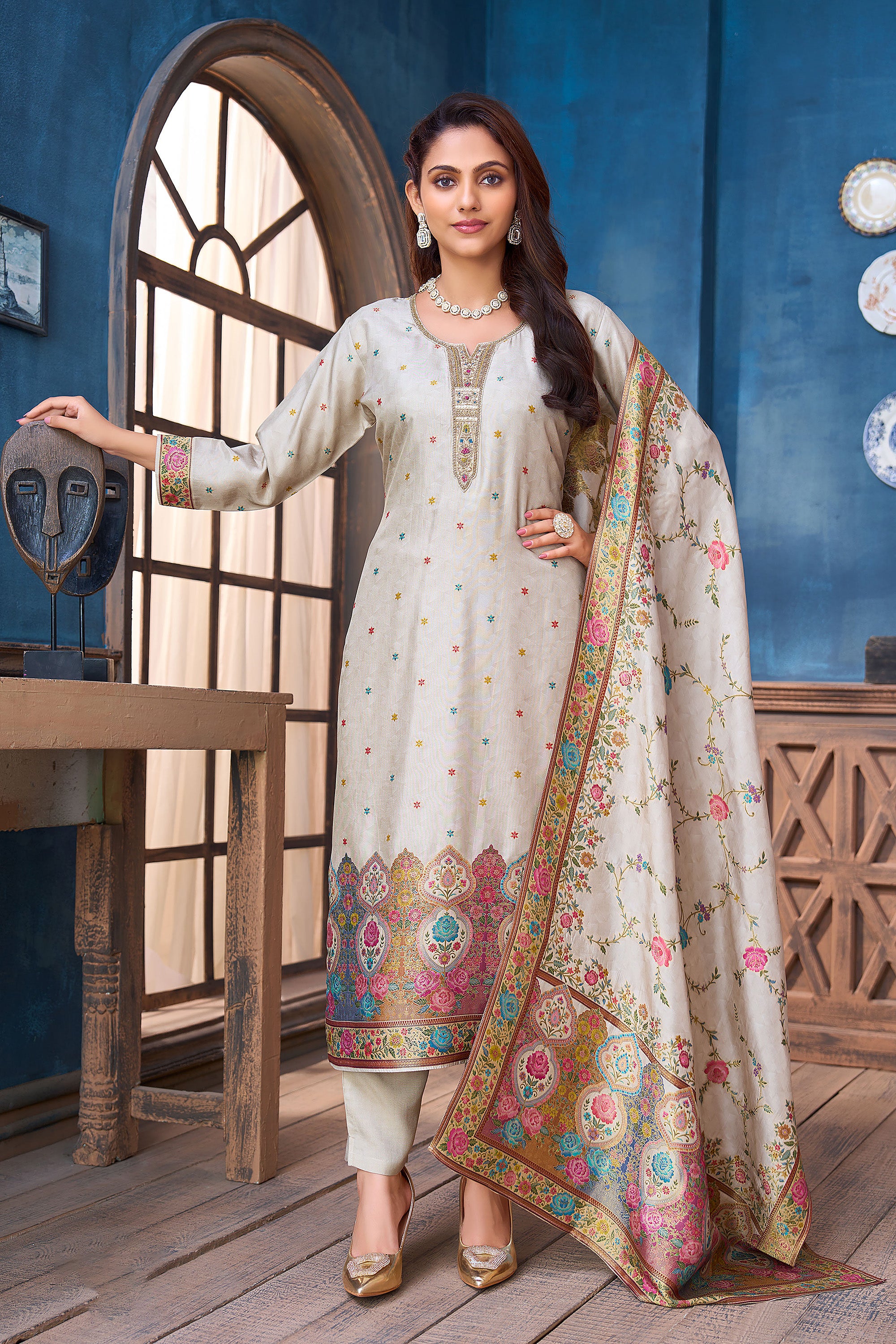 Classic Cream Banarasi Silk Salwar Suit with Weaving | Palkhi Fashion