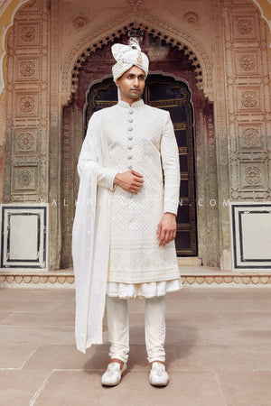 Cream Self-Patterned Indo-Western Set – A Timeless Choice for Weddings 