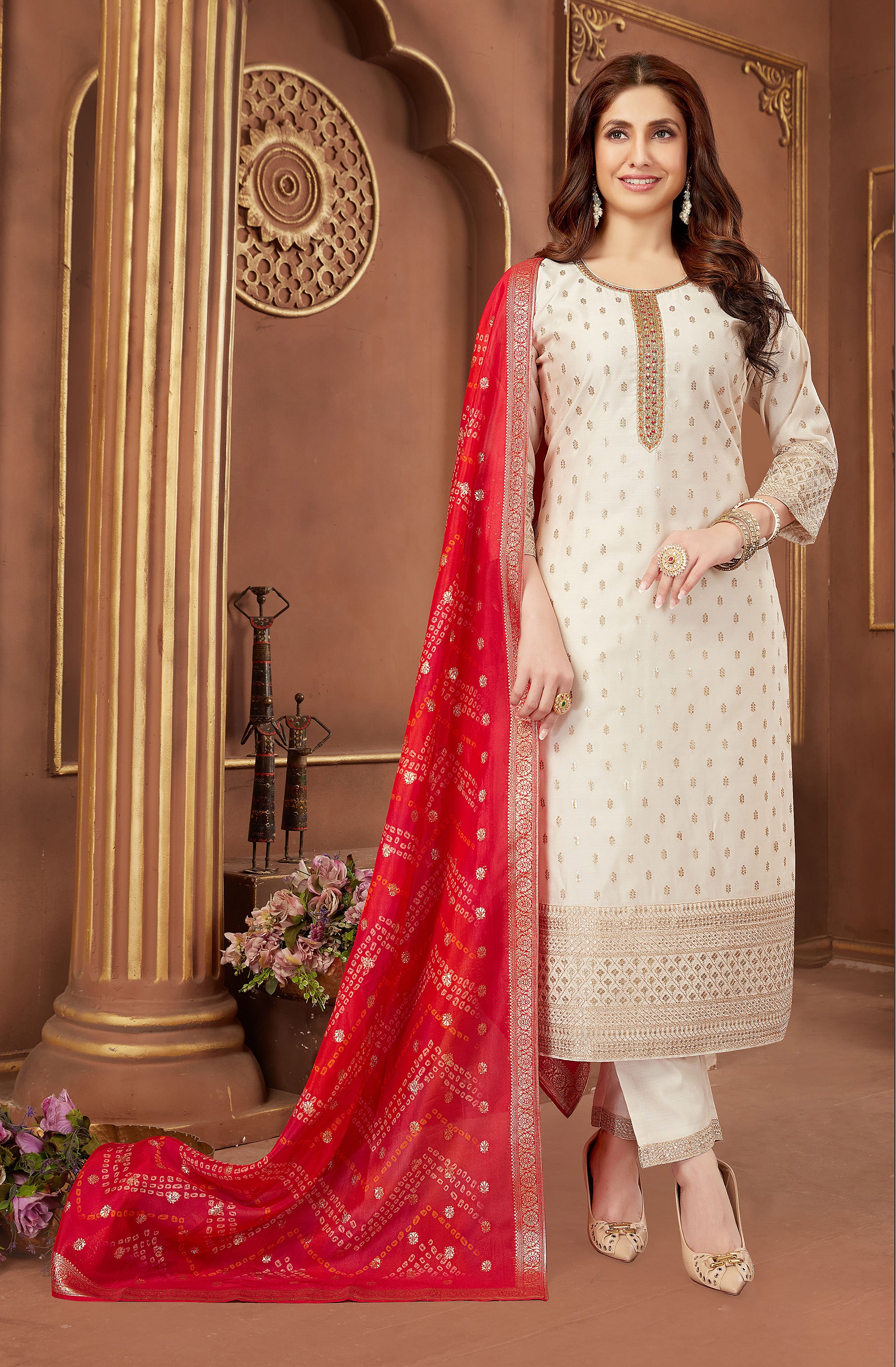 Classic Charm | Cream Silk Straight Suit with Bandhani Dupatta | Palkhi Fashion