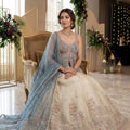 Serene Grandeur | Cream and Dusty Blue Soft Silk Resham Mirror Work Lehenga Set | Palkhi Fashion