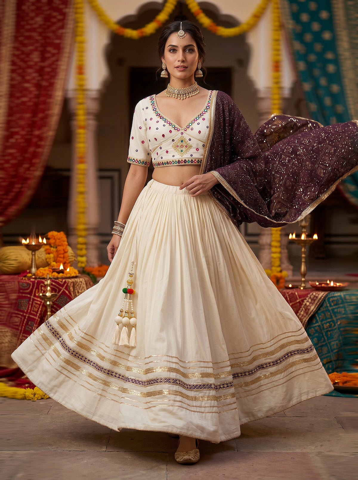 Festive Radiance | Traditional Cotton Chaniya Choli with Embroidered Dupatta | Palkhi Fashion