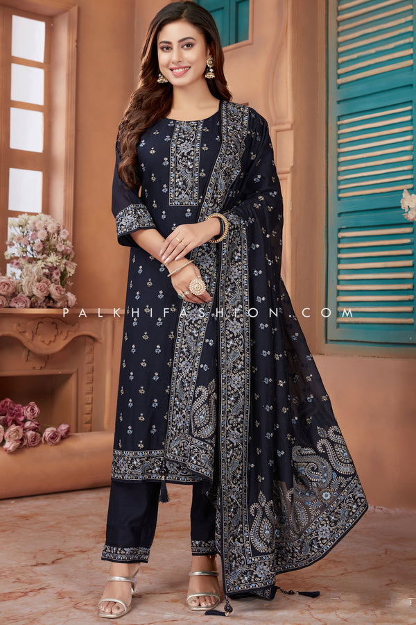 Dark Blue Straight Cut Suit with Intricate Stone and Handwork