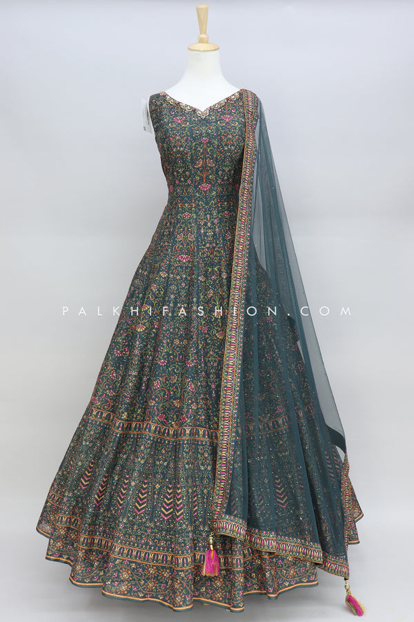Dark Green Indian Outfit With Alluring Prints & Work
