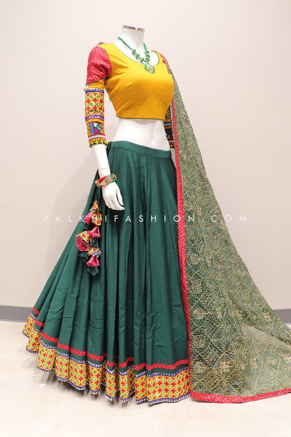 Dark Green Navratri Chaniya Choli with Multi Color Embroidery